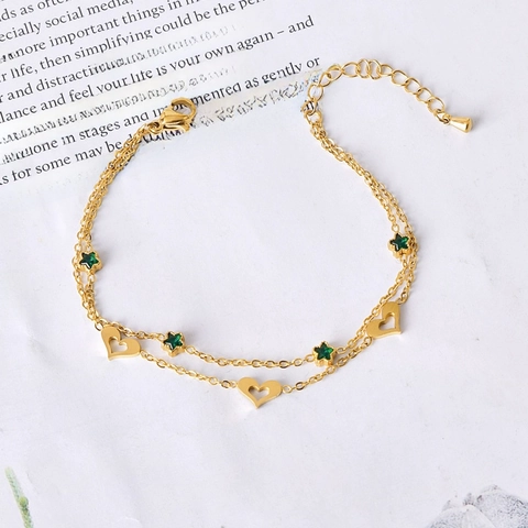 Fashion Stainless Steel Double Layer Bracelet For Women Gold Plated Hollow Heart Pentagram Star Rhinestone Charm Bracelet Gift Jewelry