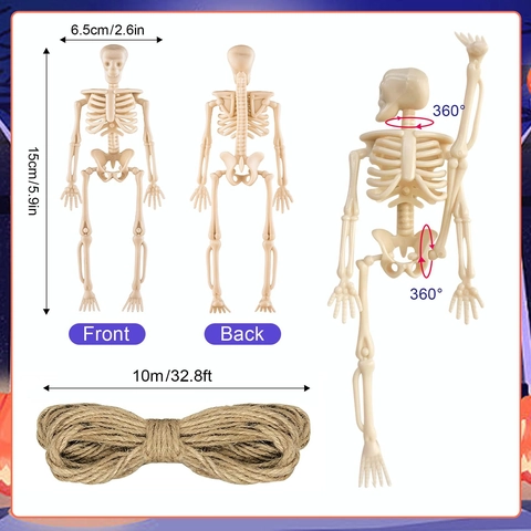 Movable Halloween Skeleton Model Plastic Human Bone Frame Decor With Jute Rope For Haunted House Party Props DIY Prank