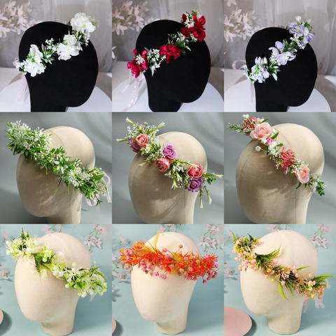 Artificial Flower Crown Headband Fabric Floral Greenery Ribbon Tie Bohemian Style Wedding Party Photo Prop Women Girls