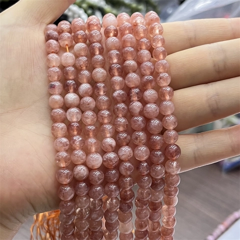 Natürliche Sonnenstein Runde Perlen Erdbeerquarz Edelstein Für DIY Schmuckherstellung Glatt Poliert Rosa Orange Stein