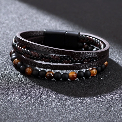 Men Vintage Multi-layer Braided Faux Leather Bracelet With Tiger Eye Natural Stone And Magnetic Clasp
