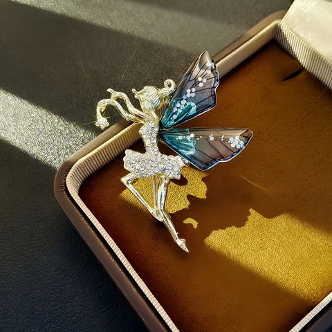Elegante Spilla Ragazza Balletto Lega Strass Fata Angelo Ali Sfumatura Blu Viola Spilla Per Donne Accessori