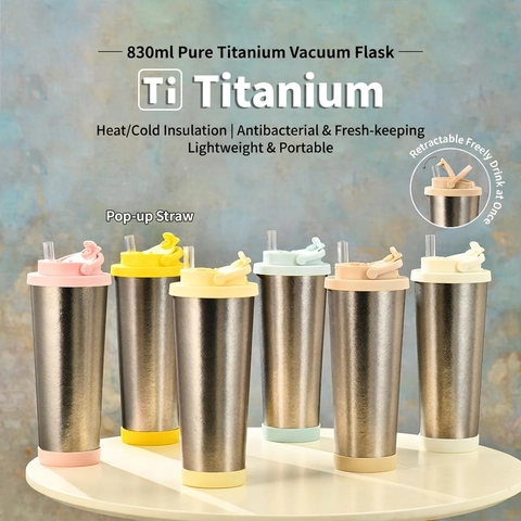 Puur Titanium Geïsoleerde Waterfles Met Pop Up Rietje Draagbaar Handvat Thermosfles Voor Buitensporten Reizen