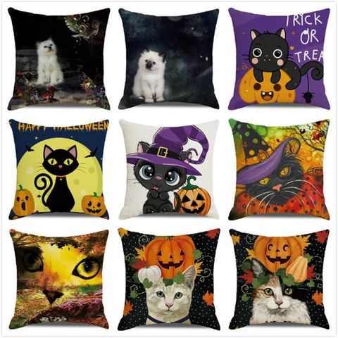 Halloween Black Cat Pumpkin Decorative Pillow Cover Linen Cushion Case Sofa Throw Decor Vintage Cartoon