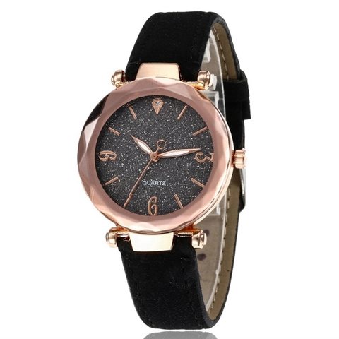 Dames Mode Quartz Horloge Roségoud Kast Sterrenhemel Wijzerplaat Strass Accent PU Lederen Band Casual Elegant Polshorloge