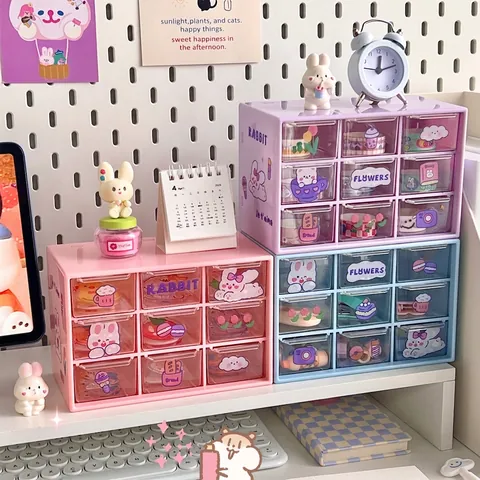Kawaii Desktop Drawer Organizer Plastic Storage Box Dustproof Nine Grid Stackable For Stationery Jewelry Cosmetics Student