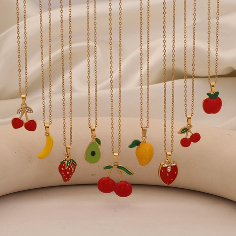 Collier Pendentif Fruit Mignon Acier Inoxydable Émail Strass Cerise Fraise Avocat Banane Pomme Bijoux Pour Femmes Filles