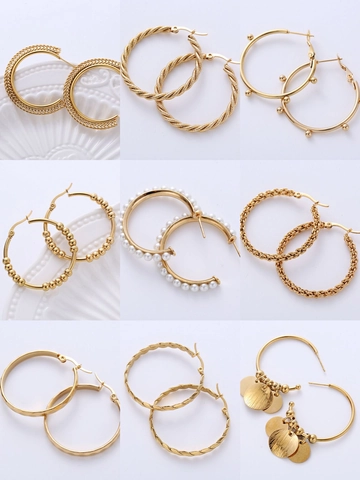 Roestvrijstalen Vergulde Oorringen Geometrisch Gedraaid C-Vorm Kunstparel Kraal Retro Sieraden Voor Dames