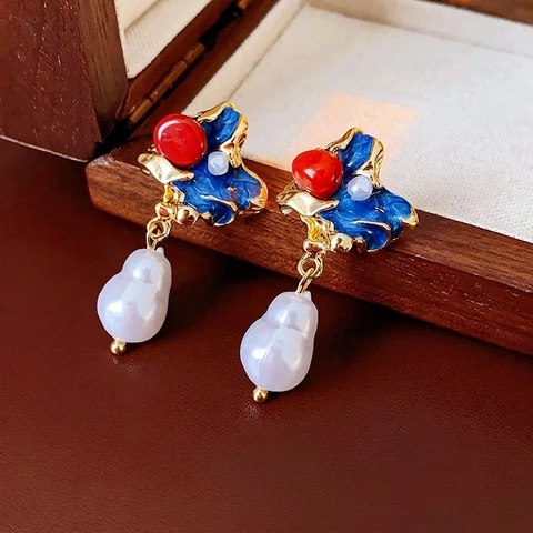 Orecchini Pendenti Con Künstliche Perle Barocche Vintage Con Perno In Argento Smalto Lega Stile Retrò Irregolare Per Donne Eleganti