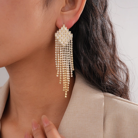 Rhombische Zirkon Strass Lange Quaste Hängeohrringe Mit Silbernem Ohrstecker Kupfer Luxus Mode Für Frauen
