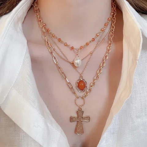 Multi Layer Necklace Vintage Boho Gold Tone Alloy Faux Artificial Pearl Amber Glass Gemstone Cross Pendant For Women
