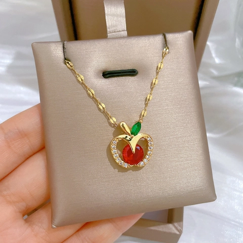 Collana Con Ciondolo A Mela Zirconia Cubica Scintillante Gioielli Frutta Cava Placcato Oro Argento Lega Acciaio Titanio Donna