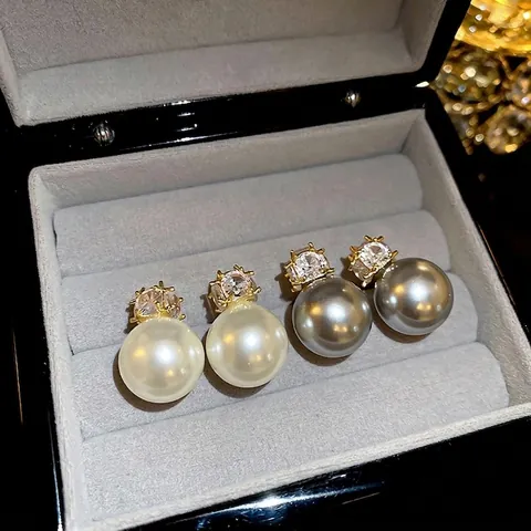 Orecchini Con Künstliche Perle Finte Con Zircone Quadrato E Perno In Argento Stile Retrò Francese Elegante Per Donna