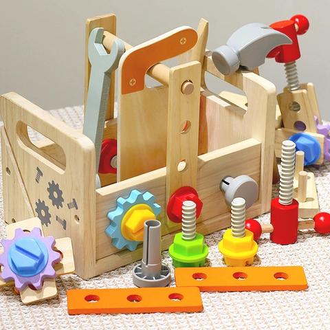 Kids Wooden Toy Tool Box Educational Montessori Pretend Play Workbench With Hammer Wrench Screwdriver Screws Nuts