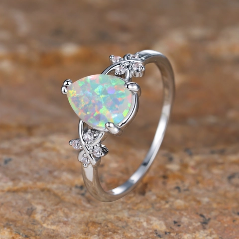 Anillo De Opalo En Forma De Pera Cobre Gota De Agua Circonita Floral Joyería Elegante Para Mujeres