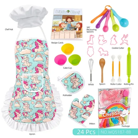 Kids Chef Baking Set With Cloth Apron Hat Silicone Cake Cups Plastic Measuring Spoons Wood Rolling Pin For Pretend Play