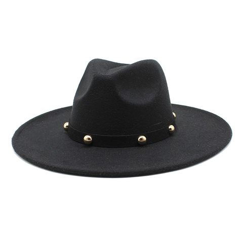 Retro Wool Felt Fedora Hat Wide Brim Jazz Hat With Gold Rivet Belt Decor Outdoor Travel Vintage Style For Women