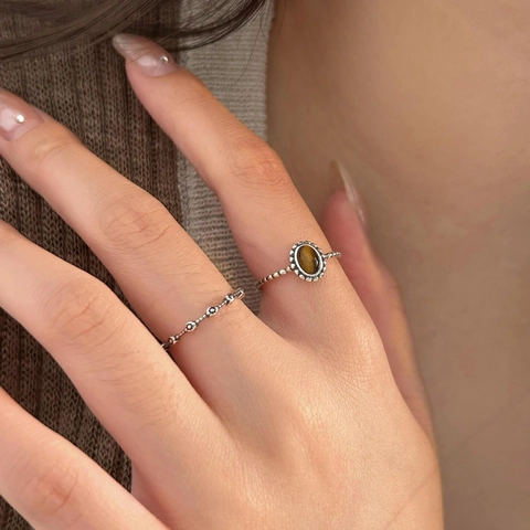 Anillo De Plata De Ley 925 Vintage Piedra Ojo De Tigre Y Patrón De Flores Banda Abierta Ajustable Joyería Para Mujer
