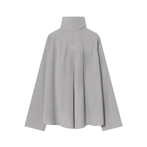 Women Plaid Asymmetrical Blouse High Neck Long Sleeve Side Button Loose Fit Pocket Polyester Top Elegant Casual
