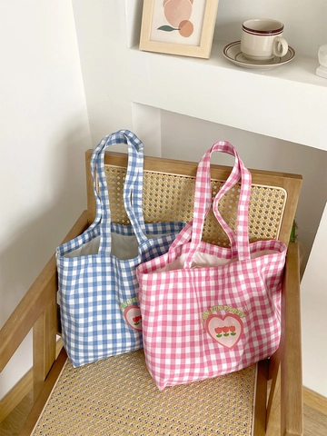 Bolso Tote De Lona Gran Capacidad Patrón De Cuadros Corazón Tulipán Impresión Algodón Compras Escuela Informal Dulce Mujer