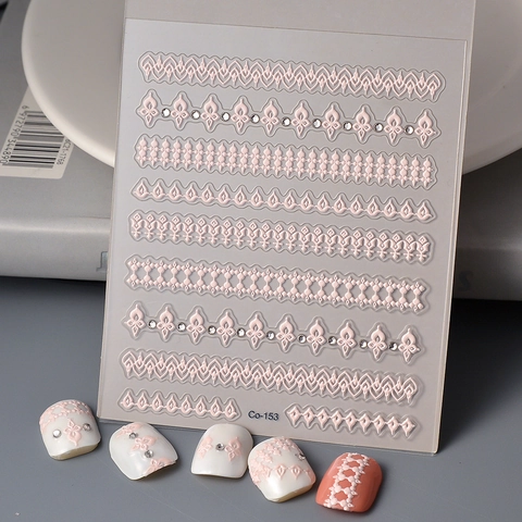 5D Embossed Nail Art Stickers Pink Lace Floral Pattern Rhinestone Decorative Self Adhesive Waterproof Manicure Decals