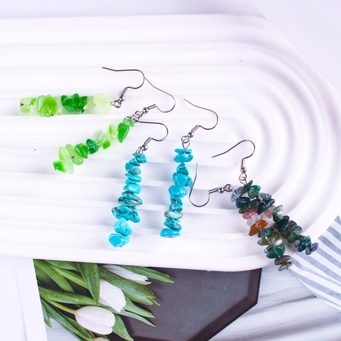 Natural Stone Chip Drop Earrings Handmade Irregular Beaded Dangle Earrings With Stainless Steel Earring Post Boho Style