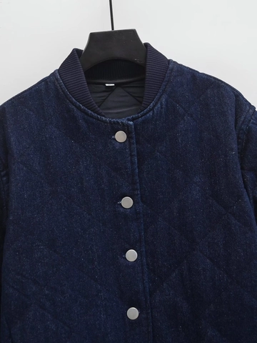 Women Washed Denim Quilted Cotton Padded Jacket Vintage Diamond Pattern Stand Collar Single Breasted Long Sleeve Coat