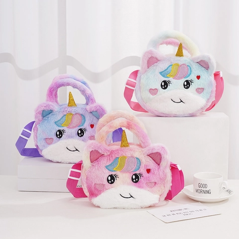 Kids Plush Unicorn Crossbody Bag Cute Cartoon Rainbow Gradient Shoulder Handbag For Girls Toddlers Adjustable Strap