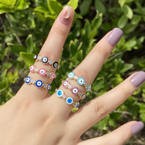 Retro Boheemse Boze Oog Verstelbare Open Ring Koper Met Kleurrijk Emaille En Zirkonia Voor Dames