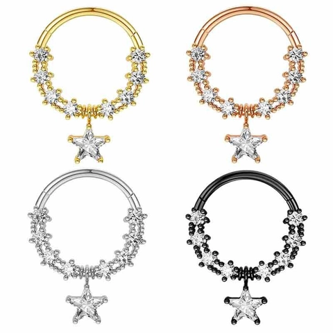 Anello al Naso in Acciaio Inossidabile Rame con Stella Pentagramma e Strass Orecchini a Cerchio da Piercing per Uomo e Donna