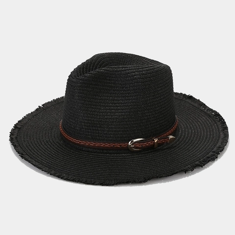 Sombrero De Paja Fedora Para Mujer Ala Ancha Flecos Protección Solar Playa Verano Con Decoración De Cinturón