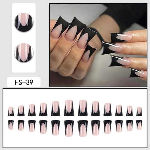 Duck Nails Press On Nails Lange Waaivormige Kunstnagels Zwart Frans Gradiënt Nude Glanzende Kunstnagels