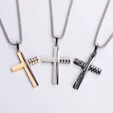Hip Hop Cross Pendant Necklace 316L Stainless Steel Crack Texture Double Layer Punk Gothic Jewelry For Men Women