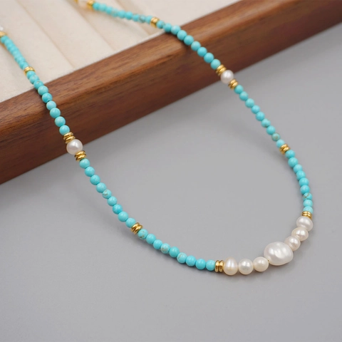 Turquoise And Freshwater Pearl Necklace And Bracelet Women Retro Baroque Style Titanium Steel Jewelry Accessory