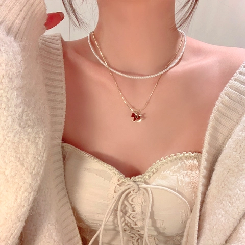 Double Layer Necklace Faux Artificial Pearl Gold Plated Chain Red Enamel Rocking Horse Pendant Rhinestone Retro Elegant For Women