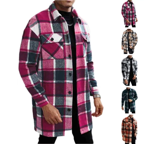 Men Long Plaid Shirt Jacket Single Breasted Lapel Collar Casual Flannel Texture Double Flap Pockets Outerwear Coat Polyester