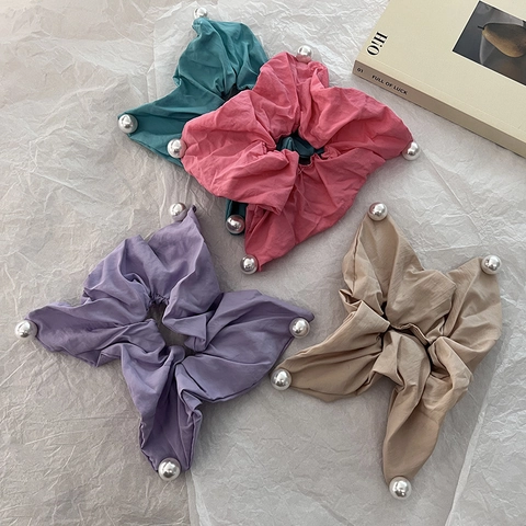 Square Large Fabric Scrunchies With Faux Artificial Pearls Pleated Elastic Hair Ties Mori Style Sweet Hair Accessories For Women