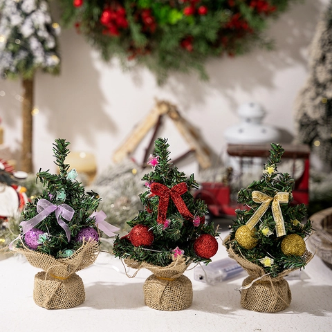 Mini Albero Di Natale LED Illuminato Decorazione Da Tavolo Base In Iuta PVC Ornamento Festivo Stile Rustico
