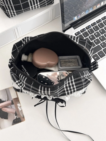 Borsa Per Trucco A Quadri In Cotone Grande Capacità Con Bordo In Pizzo E Fiocco In Nastro Organizer Per Conservazione Con Cerniera