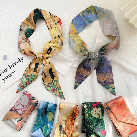 Donna Arte Pittura Olio Sciarpa Seta Vintage Stampa Raso Fascia Capelli Sciarpa Sottile Nastro Lungo Decorazione Borsa Accessorio