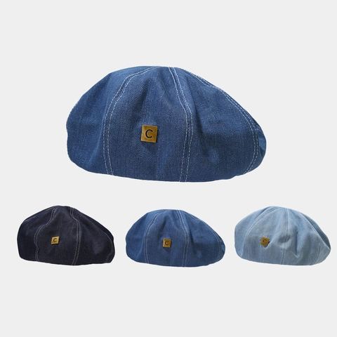 Denim Baret Vintage Newsboy Pet Letter C Metalen Decor Contraststiksels Casual Schildershoed Voor Dames