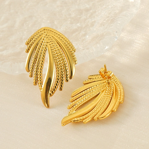 Pendientes De Botón Con Forma De Ala Acero Inoxidable Chapado En Oro De 18K Vintage Texturizado Diseño Único Para Mujer