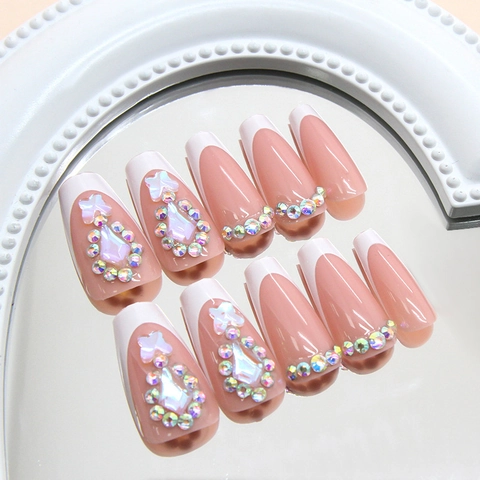 Französisch Tip Press On Nägel Weiß Nude Pink Coffin Ballerina Form Strass 3D Schleife ABS Kunststoff Für Frauen