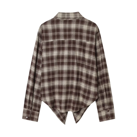 Chemisier À Carreaux Pour Femmes En Polyester À Manches Longues Décontracté Boutonné Ourlet Asymétrique
