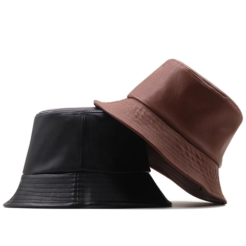 Bucket Hat PU Leather Wide Brim Sun Protection Fashion Solid Color Minimalist For Women