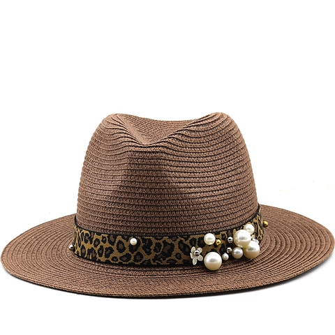 Fedora Panama Hat Paper Straw Wide Brim Sun Protection Leopard Print Band Artificial Pearl Flower Decor Summer Beach Vacation Women