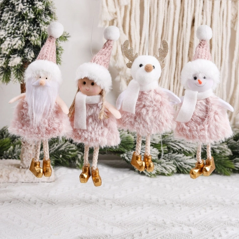Pendentifs De Poupée En Peluche De Noël Rose Bonnet Tricoté Père Noël Bonhomme De Neige Renne Ange Décoration De Fête