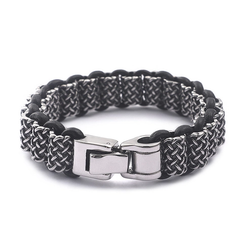 Herren Geflochtenes Armband Edelstahl Und Echtes Leder Retro Industrie Punk Stil Gewebter Schmuck Mit Poliertem Verschluss