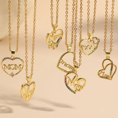 Heart Pendant Necklace Mom Letter Colorful Zircon Inlaid Brass Stainless Steel Jewelry Mothers Day Gift Fashion