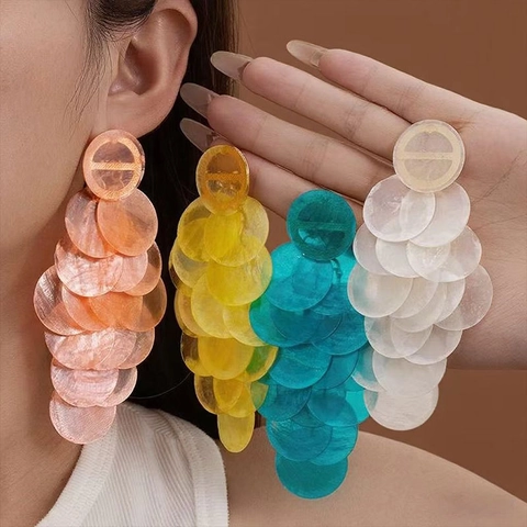 Bohemian Layered Round Shell Tassel Dangle Earrings Silver Earring Post Colorful Summer Beach Holiday Jewelry For Women